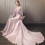 Modern / Fashion Candy Pink Pierced Evening Dresses  2018 A-Line / Princess Scoop Neck 1/2 Sleeves Appliques Lace Sequins Beading Cathedral Train Ruffle Backless