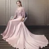 Modern / Fashion Candy Pink Pierced Evening Dresses  2018 A-Line / Princess Scoop Neck 1/2 Sleeves Appliques Lace Sequins Beading Cathedral Train Ruffle Backless