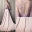 Modern / Fashion Candy Pink Pierced Evening Dresses  2018 A-Line / Princess Scoop Neck 1/2 Sleeves Appliques Lace Sequins Beading Cathedral Train Ruffle Backless