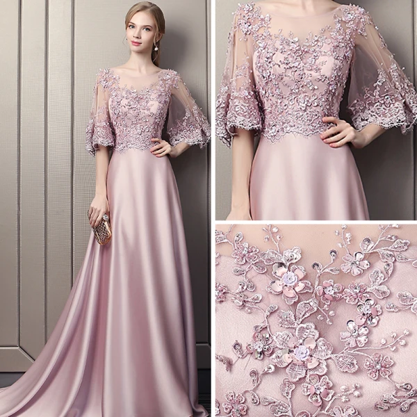 Modern / Fashion Candy Pink Pierced Evening Dresses 2018 A-Line / Princess Scoop Neck 1/2 Sleeves Appliques Lace Sequins Beading Cathedral Train Ruffle Backless