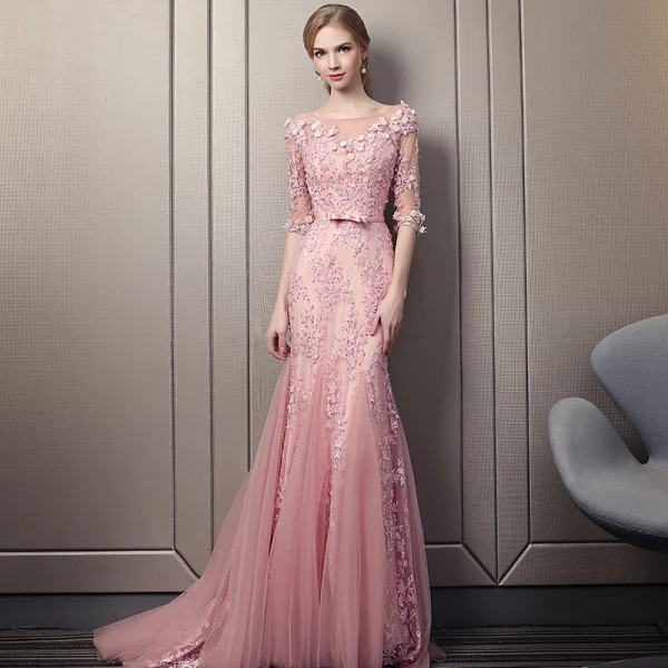 Stunning Blushing Pink Evening Dresses  2018 Trumpet / Mermaid Scoop Neck 1/2 Sleeves Appliques Lace Sequins Pearl Bow Sash Court Train Ruffle