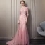 Stunning Blushing Pink Evening Dresses  2018 Trumpet / Mermaid Scoop Neck 1/2 Sleeves Appliques Lace Sequins Pearl Bow Sash Court Train Ruffle