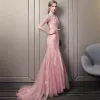 Stunning Blushing Pink Evening Dresses  2018 Trumpet / Mermaid Scoop Neck 1/2 Sleeves Appliques Lace Sequins Pearl Bow Sash Court Train Ruffle