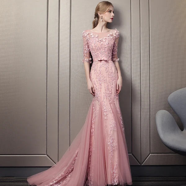 Stunning Blushing Pink Evening Dresses  2018 Trumpet / Mermaid Scoop Neck 1/2 Sleeves Appliques Lace Sequins Pearl Bow Sash Court Train Ruffle