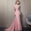 Stunning Blushing Pink Evening Dresses  2018 Trumpet / Mermaid Scoop Neck 1/2 Sleeves Appliques Lace Sequins Pearl Bow Sash Court Train Ruffle