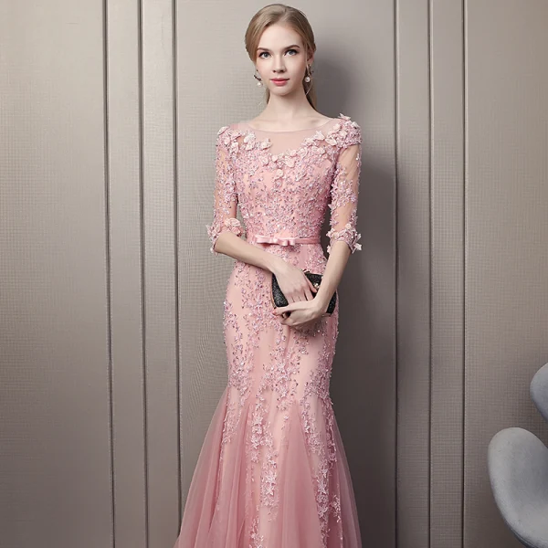 Stunning Blushing Pink Evening Dresses  2018 Trumpet / Mermaid Scoop Neck 1/2 Sleeves Appliques Lace Sequins Pearl Bow Sash Court Train Ruffle