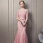 Stunning Blushing Pink Evening Dresses  2018 Trumpet / Mermaid Scoop Neck 1/2 Sleeves Appliques Lace Sequins Pearl Bow Sash Court Train Ruffle