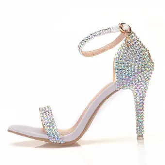 Charming Multi Colors Rhinestone Wedding Shoes 2023 Ankle Strap 9 Cm Stiletto Heels Open Peep Toe Wedding Sandals High Heels