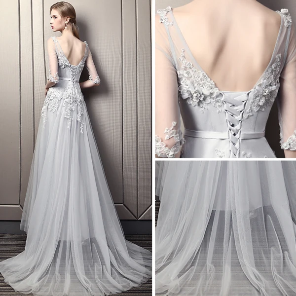 Modern / Fashion Grey Pierced Evening Dresses 2018 Empire Square Neckline 1/2 Sleeves Appliques Flower Beading Sash Court Train Ruffle Backless Formal Dresses