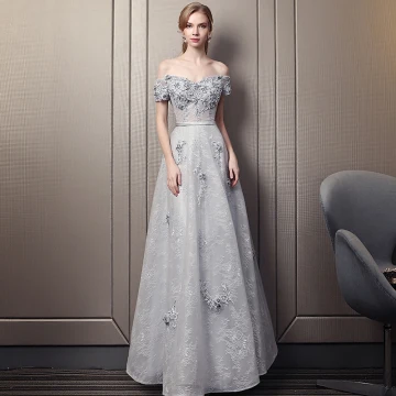 Elegant Grey Evening Dresses 2018 Empire Off The Shoulder Short Sleeve Appliques Lace Beading Sash Floor Length Long Ruffle Backless Formal Dresses