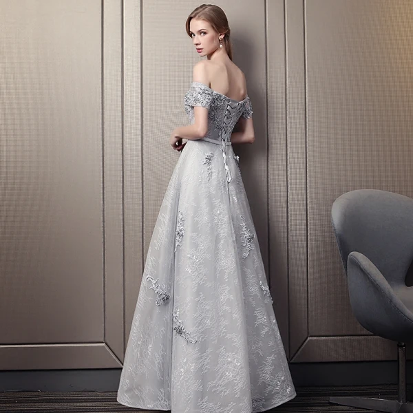 Elegant Grey Evening Dresses  2018 Empire Off-The-Shoulder Short Sleeve Appliques Lace Beading Sash Floor-Length / Long Ruffle Backless Formal Dresses