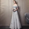 Elegant Grey Evening Dresses  2018 Empire Off-The-Shoulder Short Sleeve Appliques Lace Beading Sash Floor-Length / Long Ruffle Backless Formal Dresses