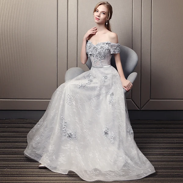 Elegant Grey Evening Dresses  2018 Empire Off-The-Shoulder Short Sleeve Appliques Lace Beading Sash Floor-Length / Long Ruffle Backless Formal Dresses