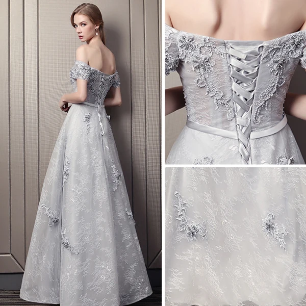 Elegant Grey Evening Dresses  2018 Empire Off-The-Shoulder Short Sleeve Appliques Lace Beading Sash Floor-Length / Long Ruffle Backless Formal Dresses