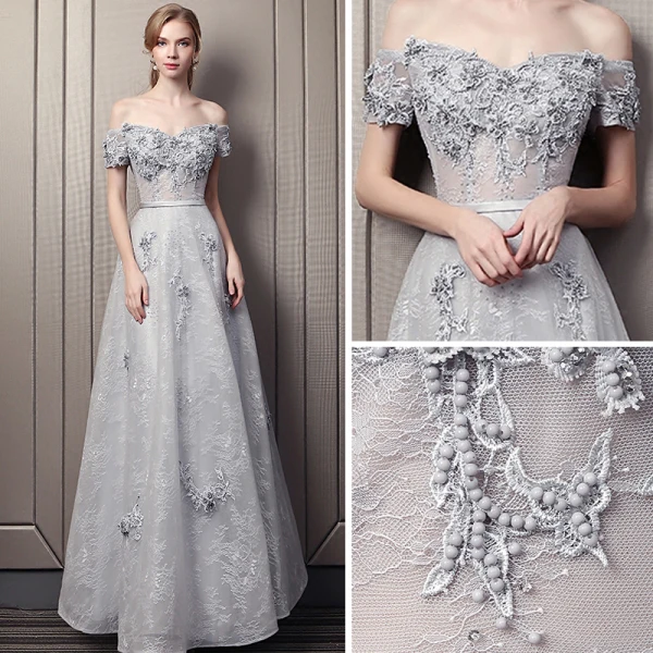Elegant Grey Evening Dresses  2018 Empire Off-The-Shoulder Short Sleeve Appliques Lace Beading Sash Floor-Length / Long Ruffle Backless Formal Dresses