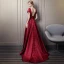 Modern / Fashion Burgundy Evening Dresses  2018 A-Line / Princess Scoop Neck Short Sleeve Appliques Lace Pearl Rhinestone Chapel Train Ruffle Backless Formal Dresses