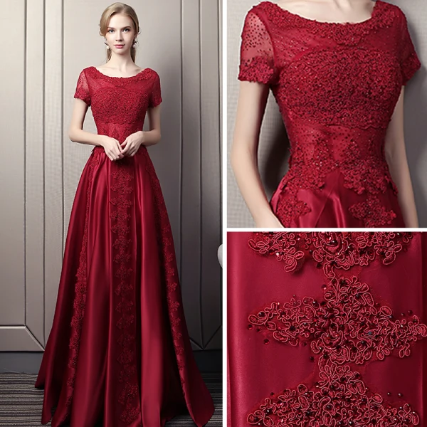 Modern / Fashion Burgundy Evening Dresses 2018 A-Line / Princess Scoop Neck Short Sleeve Appliques Lace Pearl Rhinestone Chapel Train Ruffle Backless Formal Dresses