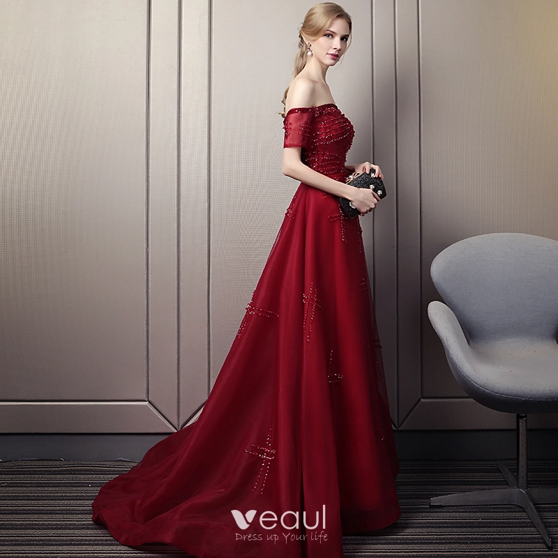 Elegant Burgundy Evening Dresses 2018 A Line Princess Off The