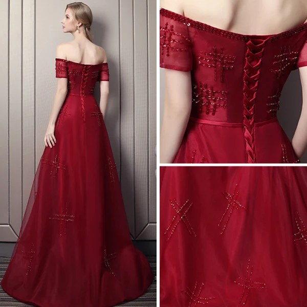 Elegante Burgunderrot Abendkleider 2018 A Linie Off Shoulder Kurze Ärmel Perlenstickerei Pailletten Stoffgürtel Kapelle-Schleppe Rüschen Rückenfreies Festliche Kleider