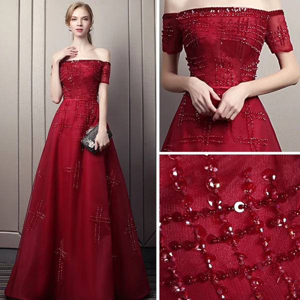 Elegante Burgunderrot Abendkleider 2018 A Linie Off Shoulder Kurze Ärmel Perlenstickerei Pailletten Stoffgürtel Kapelle-Schleppe Rüschen Rückenfreies Festliche Kleider