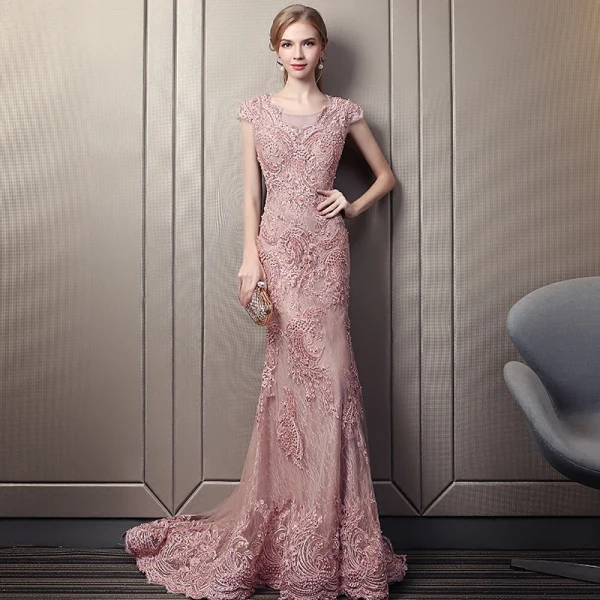 Elegant Candy Pink Lace Evening Dresses 2018 Trumpet / Mermaid Scoop Neck Cap Sleeves Appliques Lace Beading Pearl Chapel Train Formal Dresses