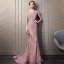 Elegant Candy Pink Lace Evening Dresses  2018 Trumpet / Mermaid Scoop Neck Cap Sleeves Appliques Lace Beading Pearl Chapel Train Formal Dresses