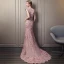 Elegant Candy Pink Lace Evening Dresses  2018 Trumpet / Mermaid Scoop Neck Cap Sleeves Appliques Lace Beading Pearl Chapel Train Formal Dresses