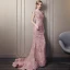 Elegant Candy Pink Lace Evening Dresses  2018 Trumpet / Mermaid Scoop Neck Cap Sleeves Appliques Lace Beading Pearl Chapel Train Formal Dresses