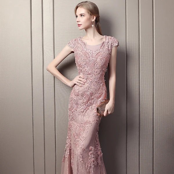 Elegant Candy Pink Lace Evening Dresses 2018 Trumpet / Mermaid Scoop Neck Cap Sleeves Appliques Lace Beading Pearl Chapel Train Formal Dresses