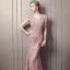 Elegant Candy Pink Lace Evening Dresses  2018 Trumpet / Mermaid Scoop Neck Cap Sleeves Appliques Lace Beading Pearl Chapel Train Formal Dresses