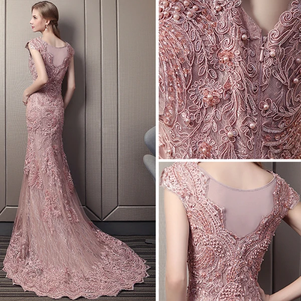 Elegant Candy Pink Lace Evening Dresses 2018 Trumpet / Mermaid Scoop Neck Cap Sleeves Appliques Lace Beading Pearl Chapel Train Formal Dresses