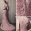 Elegant Candy Pink Lace Evening Dresses  2018 Trumpet / Mermaid Scoop Neck Cap Sleeves Appliques Lace Beading Pearl Chapel Train Formal Dresses