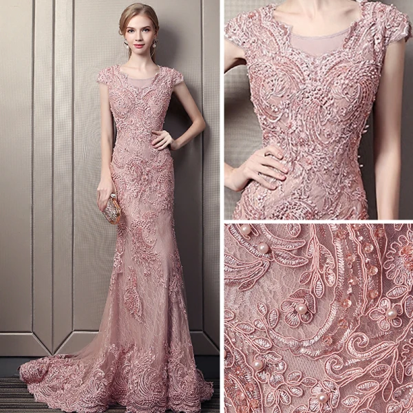 Elegant Candy Pink Lace Evening Dresses 2018 Trumpet / Mermaid Scoop Neck Cap Sleeves Appliques Lace Beading Pearl Chapel Train Formal Dresses