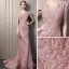 Elegant Candy Pink Lace Evening Dresses  2018 Trumpet / Mermaid Scoop Neck Cap Sleeves Appliques Lace Beading Pearl Chapel Train Formal Dresses