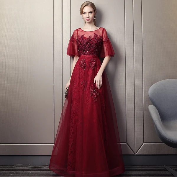 Chic / Beautiful Burgundy Prom Dresses 2018 Empire Scoop Neck 1/2 Sleeves Appliques Flower Pearl Beading Rhinestone Sash Floor-Length / Long Ruffle Backless Formal Dresses