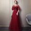 Chic / Beautiful Burgundy Prom Dresses 2018 Empire Scoop Neck 1/2 Sleeves Appliques Flower Pearl Beading Rhinestone Sash Floor-Length / Long Ruffle Backless Formal Dresses
