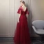 Chic / Beautiful Burgundy Prom Dresses 2018 Empire Scoop Neck 1/2 Sleeves Appliques Flower Pearl Beading Rhinestone Sash Floor-Length / Long Ruffle Backless Formal Dresses