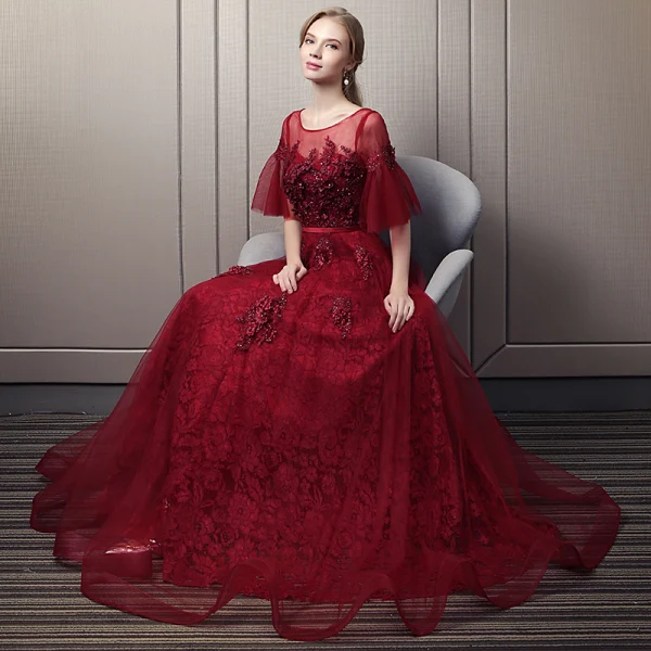 Chic / Beautiful Burgundy Prom Dresses 2018 Empire Scoop Neck 1/2 Sleeves Appliques Flower Pearl Beading Rhinestone Sash Floor-Length / Long Ruffle Backless Formal Dresses