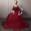 Chic / Beautiful Burgundy Prom Dresses 2018 Empire Scoop Neck 1/2 Sleeves Appliques Flower Pearl Beading Rhinestone Sash Floor-Length / Long Ruffle Backless Formal Dresses