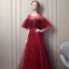 Chic / Beautiful Burgundy Prom Dresses 2018 Empire Scoop Neck 1/2 Sleeves Appliques Flower Pearl Beading Rhinestone Sash Floor-Length / Long Ruffle Backless Formal Dresses