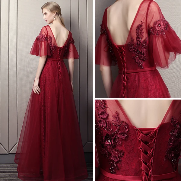 Chic / Beautiful Burgundy Prom Dresses 2018 Empire Scoop Neck 1/2 Sleeves Appliques Flower Pearl Beading Rhinestone Sash Floor-Length / Long Ruffle Backless Formal Dresses