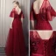 Chic / Beautiful Burgundy Prom Dresses 2018 Empire Scoop Neck 1/2 Sleeves Appliques Flower Pearl Beading Rhinestone Sash Floor-Length / Long Ruffle Backless Formal Dresses