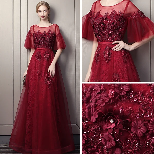 Chic / Beautiful Burgundy Prom Dresses 2018 Empire Scoop Neck 1/2 Sleeves Appliques Flower Pearl Beading Rhinestone Sash Floor-Length / Long Ruffle Backless Formal Dresses