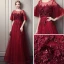 Chic / Beautiful Burgundy Prom Dresses 2018 Empire Scoop Neck 1/2 Sleeves Appliques Flower Pearl Beading Rhinestone Sash Floor-Length / Long Ruffle Backless Formal Dresses