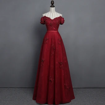 Modern Fashion Burgundy Lace Prom Dresses 2018 Empire Off The Shoulder Short Sleeve Appliques Lace Pearl Crystal Sash Floor Length Long Ruffle Backless