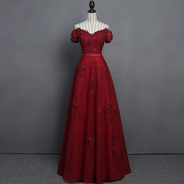 Mode Burgunderrot Spitze Ballkleider 2018 Empire Off Shoulder Kurze Ärmel Applikationen Spitze Perle Kristall Stoffgürtel Lange Rüschen Rückenfreies