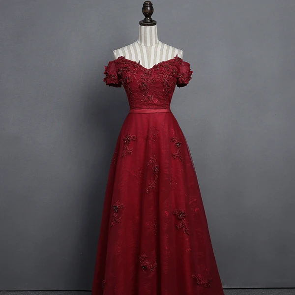 Modern / Fashion Burgundy Lace Prom Dresses 2018 Empire Off-The-Shoulder Short Sleeve Appliques Lace Pearl Crystal Sash Floor-Length / Long Ruffle Backless