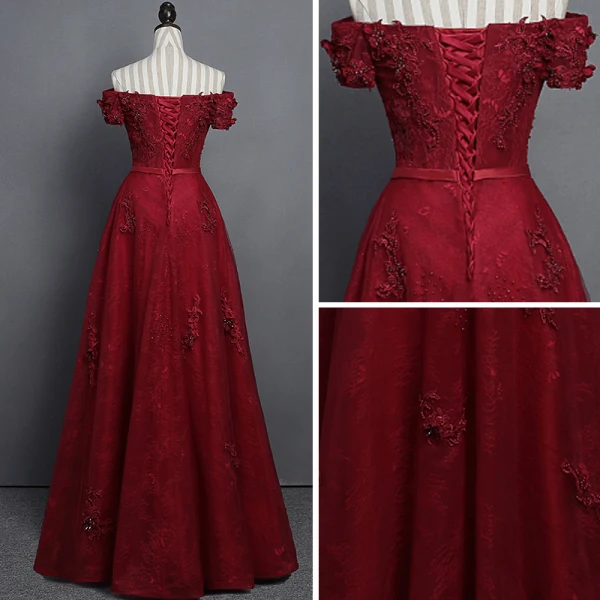 Modern / Fashion Burgundy Lace Prom Dresses 2018 Empire Off-The-Shoulder Short Sleeve Appliques Lace Pearl Crystal Sash Floor-Length / Long Ruffle Backless