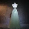 Elegant Sage Green Prom Dresses 2018 A-Line / Princess V-Neck Sleeveless Butterfly Appliques Lace Beading Floor-Length / Long Ruffle Backless Formal Dresses