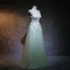 Élégant Vert Cendré Robe De Bal 2018 Princesse V-Cou Sans Manches Papillon Appliques En Dentelle Perlage Longue Volants Dos Nu Robe De Ceremonie